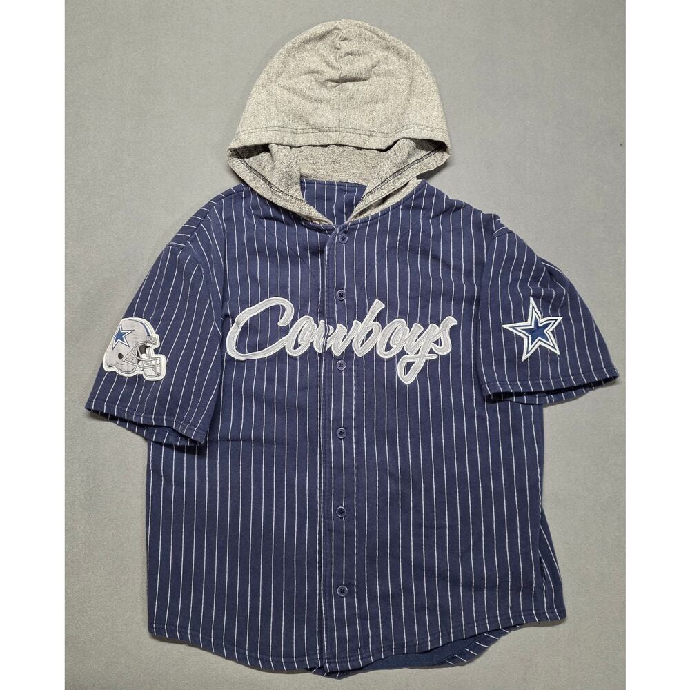 VTG Dallas Cowboys NFL Hooded White Pinstriped Baseball Jersey Men's Size L